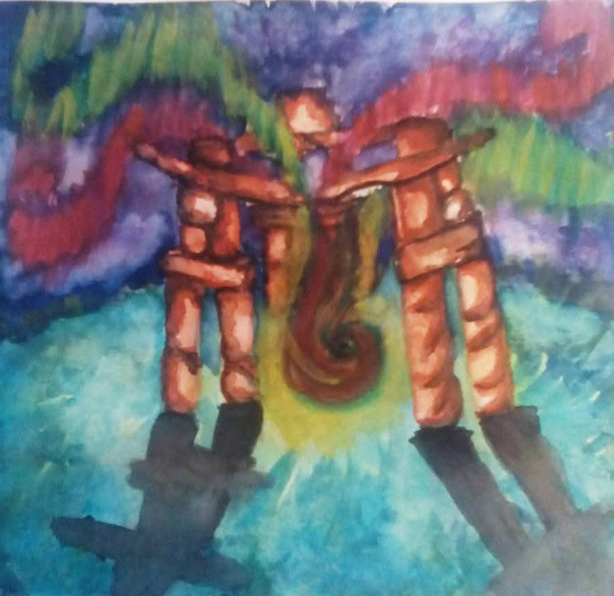 A colorful watercolor painting depicting three figures holding hands, set against a vibrant background of the blue, green, purple, and reds of the Northern Lights. 